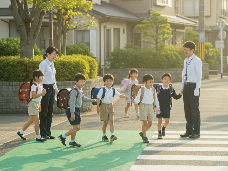 歩道を渡る小学生たち